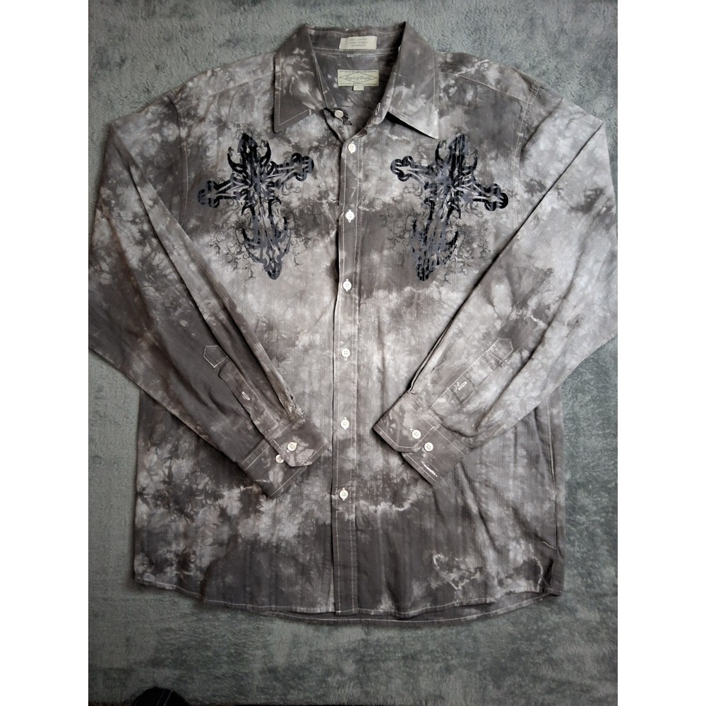 Vintage Eighty Eight Grey Tie-Dye Cross Wings Smoke Grunge Button Up Mens L Y2K